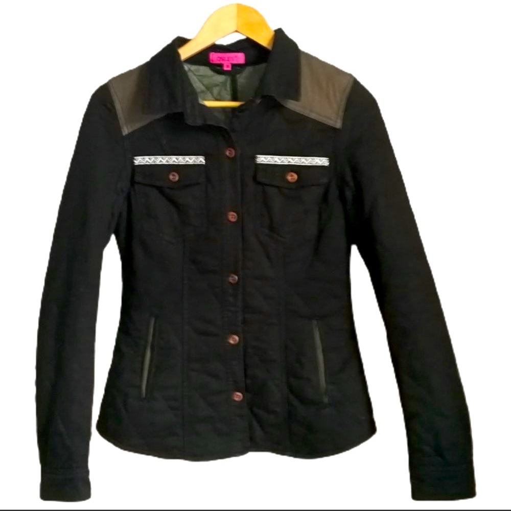 OSLEY Black & Beige Cotton Quilted Snap Button front Blazer / Coat Size Small